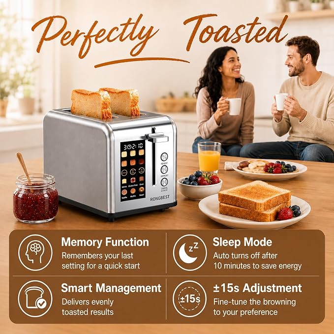 2 Slice Touch Screen Toaster with Wide Slots Stainless Steel Toasters for Family Breakfast, Even Toasting for Bagels & Bread, Reheat & Defrost, Easy Removable Crumb Tray, Silver