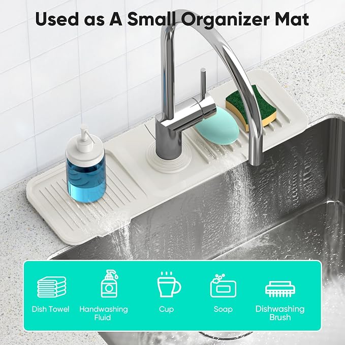17.7inch Faucet Mat for Kitchen Sink [5°Slope Fast Self-draining] Faucet Mat Kitchen Sink Splash Guard Silicone Sink Splash Guard Kitchen Sink Area Tidy Splash Faucet Guard Draining Mat-Beige