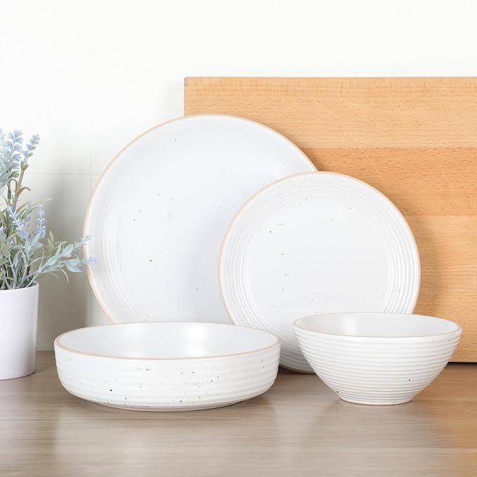 Gibson Home Dinah 16-Piece Matte White Stoneware Dinnerware Set – Double Bowl, Embossed Speckled Design, Durable Kitchen Dinnerware
