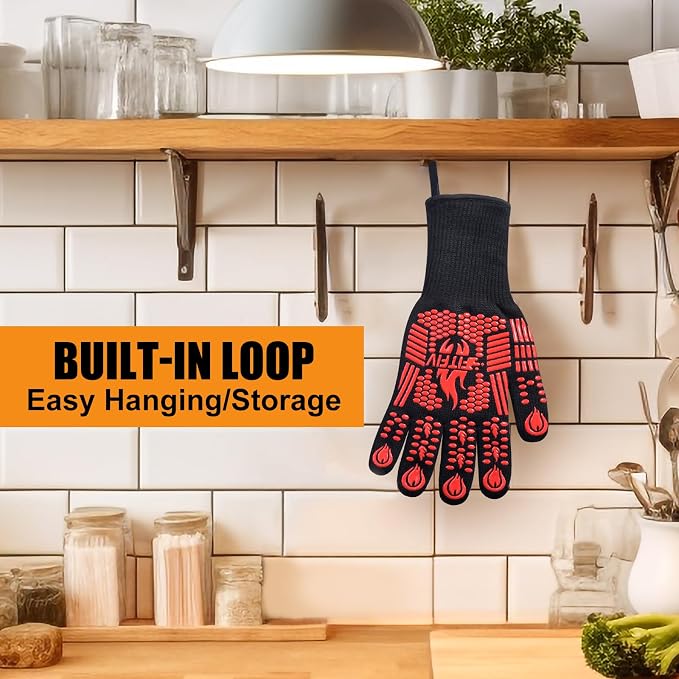 BBQ Gloves, 1472°F Heat Resistant with Silicone Grip Oven Mitts | Non-Slip Grip, for BBQ, Grilling, Oven, Smoker, Cooking and Baking
