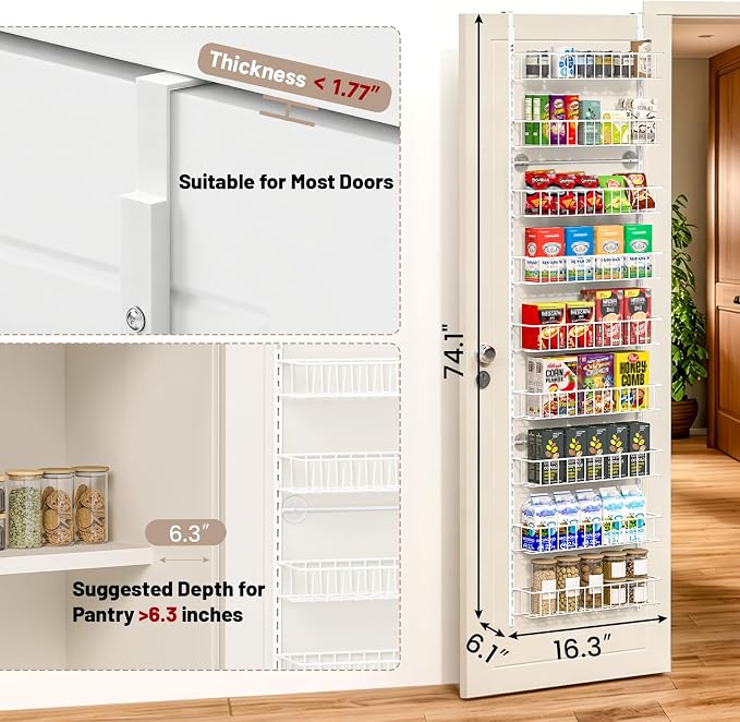 ElegantArray 9-Tier Pantry Door Organizer, White | Over The Door Pantry Organizer Rack and Storage, Hanging Spice Rack Shelves Door, Home Office Laundry Room Bathroom & Kitchen