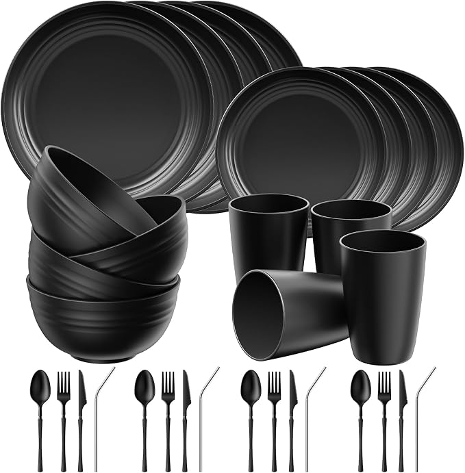 Quatish 32 Piece Plates and Bowls Sets for 4, Unbreakable Dinnerware Sets, Plastic Dish Set for Camping, Dishwasher Microwave Safe, Outdoor Kitchen and Apartment Dinning RV Essentials, Black