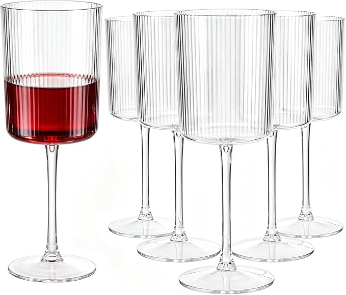 Ciaell 12 Pack Plastic Wine Glasses for Weddings Outdoor Gatherings | 10 oz Ribbed Square Stemmed Cups, Heavy Duty Plastic, Champagne Wine Cocktails Beverages for Parties Birthdays Anniversaries