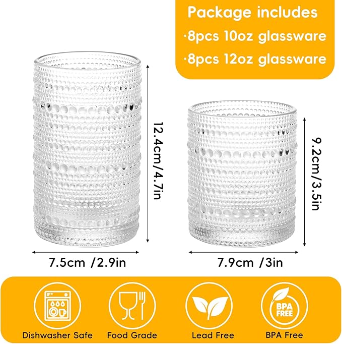 Moretoes Hobnail Drinking Glasses Set of 16, Vintage Water Glass Cups | 12 Oz Highball Glasses & 10 Oz Cocktail Glasses, Clear Embossed Boho Kitchen Bar Tumbler for Whiskey, Beer, Juice, Milk