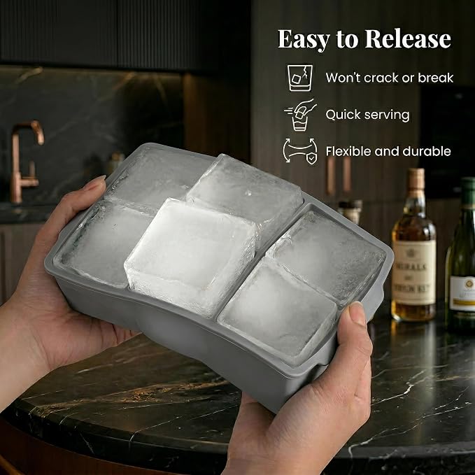 KitchFort® Large Silicone Ice Cube Tray (3-Pack) - 2" Big Ice Mold with Lid | Easy Release, Cocktail, Whiskey Ice Cubes Mold - Food Grade - Ice Cube Trays for Freezer - Stackable Silicone Ice Tray