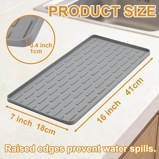 Silicone Coffee Mat 16 x 7 in Classic Grey | Coffee bar mat for countertop use Heat-Resistant,Eco-friendly,Hygienic Drying Pad,Leak-Proof and Non-Slip