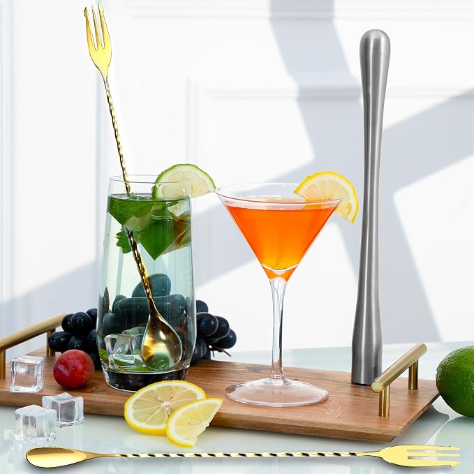 Bar Spoon Cocktail Mixing Stirrers, 2Pcs,12” with Trident Fork, Gold | 18/8 Stainless Steel, Double Ended Design, Long Drink Spoons, Trident Fork, for Stirring Coffee & Cocktails