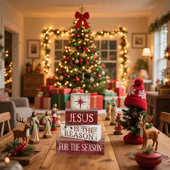 Lineshading 4 Pcs Christmas Farmhouse Wooden Block Signs Jesus Tiered Tray | Rustic Distressed Wood, Stackable for Tiered Shelf Mantel Tabletop, Christmas Seasonal Home Decor, Farmhouse Gift