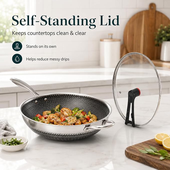 12.6 Inch Stainless Steel Honeycomb Wok Pan with Standing Glass Lid, Flat Bottom Stir Fry Pan for Induction, Gas & Electric Stoves, Physical Stick-Resistant Surface, Dishwasher Safe