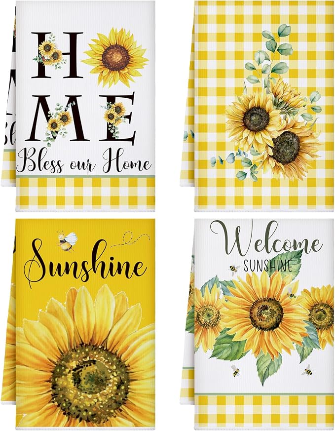 4 Pcs Sunflower Kitchen Towels Yellow and White Hand Dish Towels | Absorbent Sunshine Grid Fast Drying Decor Housewarming Gift for Cooking Bathroom Kitchen Decor