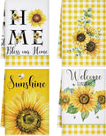 4 Pcs Sunflower Kitchen Towels Yellow and White Hand Dish Towels | Absorbent Sunshine Grid Fast Drying Decor Housewarming Gift for Cooking Bathroom Kitchen Decor