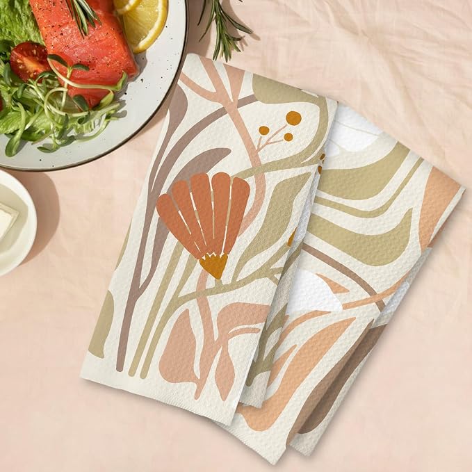 Abstract Boho Beige and White Floral Kitchen Towels Set of 2, 70s Retro Groovy Botanical Dish Tea Towels for Kitchen Decor, Mid Century Modern Hand Towels for Bathroom Decor, 16x24 Inch