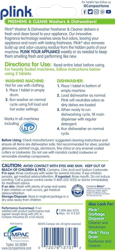 COMPAC HOME Plink Appliance Freshener, Dishwasher, Washing Machine Cleaner, Water Activated, Fresh Lemon Scent, 12 Count