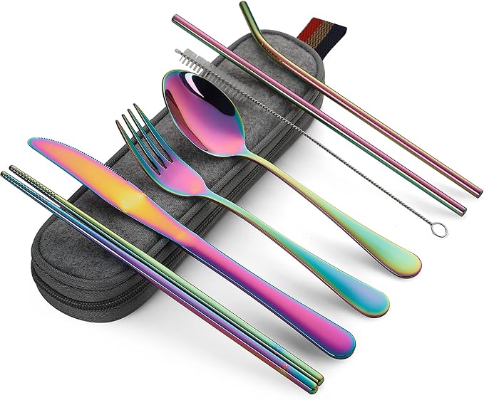 DEVICO Camping Utensils, Full-Size Travel Silverware Set with Case for Work | 8Pcs Stainless Steel Travel Cutlery Set, Portable Metal Straws Chopsticks Fork Spoon Knife Set for Lunch Box/School, Rainbow