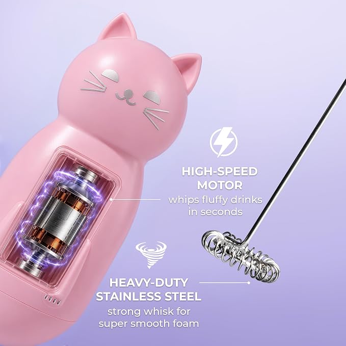 Zulay Kitchen Cat Milk Frother Wand – Cutesy Frother, Meet Your New Frothing Buddy Princess The Cat, Adoption Papers and Stickers Included, Purrr-fect for Lattes, Cappuccino & Matcha – Pink