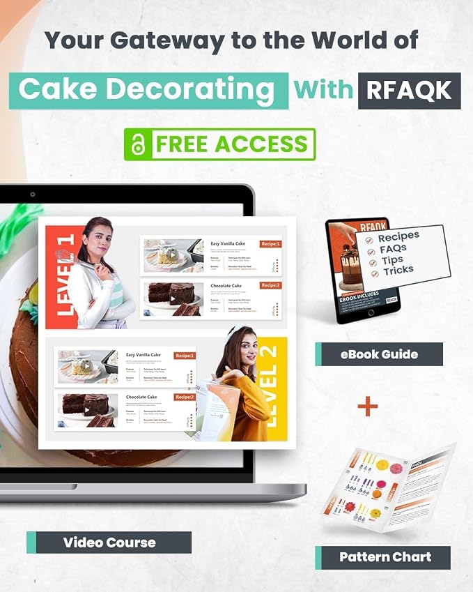 RFAQK 90PCs Cake Decorating Kit with Leveler, Baking Supplies Gift Includes Cake Stand Turntable, 24 Numbered Icing Tips, 55+1 Piping Bags, 2 Frosting Spatulas, 4 Scrappers, Video Course & Booklet