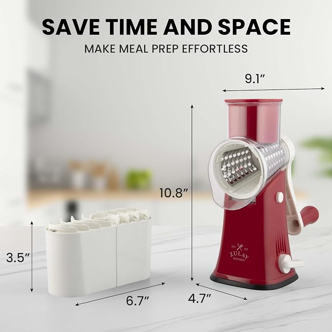 Zulay Kitchen Rotary Cheese Grater 5 Blade Cheese Shredder - Manual Hand Crank Cheese Grater With Reinforced Suction & 5 Interchangeable Drums - Easy to Use, Vegetable Chopper Round Mandoline Slicer