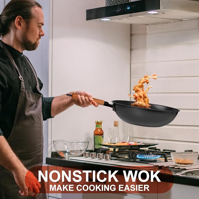 Wok, 13" Carbon Steel Woks & Stir-Fry Pans Nonstick with Black Lid | Pre-Seasoned Flat Bottom Chinese Wok for Electric, Induction, Gas, All Stoves