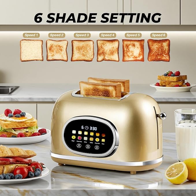 Roter Mond Smart 2 Slice Toaster, Touchscreen, Bagel Defrost, Gold | Retro stainless steel, digital timer & sleep mode, 6 bread types & shades, defrost/reheat/cancel,even toasting wide slots