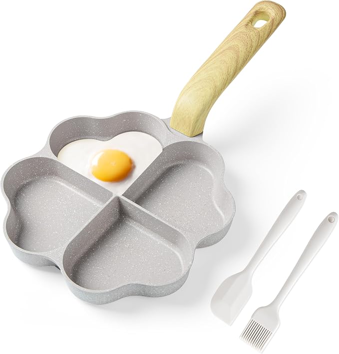 Caannasweis Egg Pan Omelette Pan, 4-Cup Nonstick Granite Omelette Skillet Breakfast Frying Pan Egg Cooker Suitable for Gas Stove & Induction Cookware, PFOA PFOS Free, Beige Heart Shaped