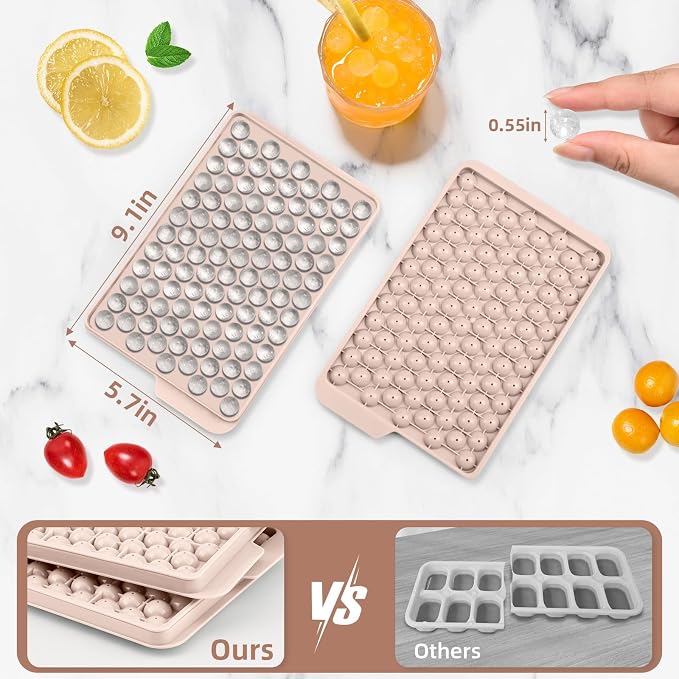 Mini Ice Cube Trays for Freezer with Lid, 0.55" Pebble Ice | 4 Trays-Pink, with Ice Box & Scoop. for Iced Coffee, Bottles, Juice & Everyday Drinks, Easy Twist Release, Stackable