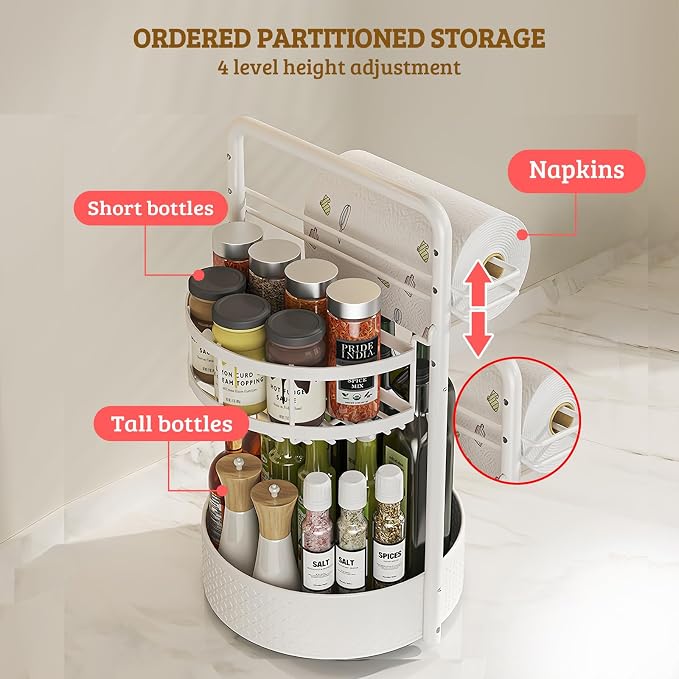 Rotating Spice Rack with Paper Towel Holder, White | 2 Tier Turntable Lazy Susan, Durable Iron, Seasoning Organizer, For Kitchen Countertop