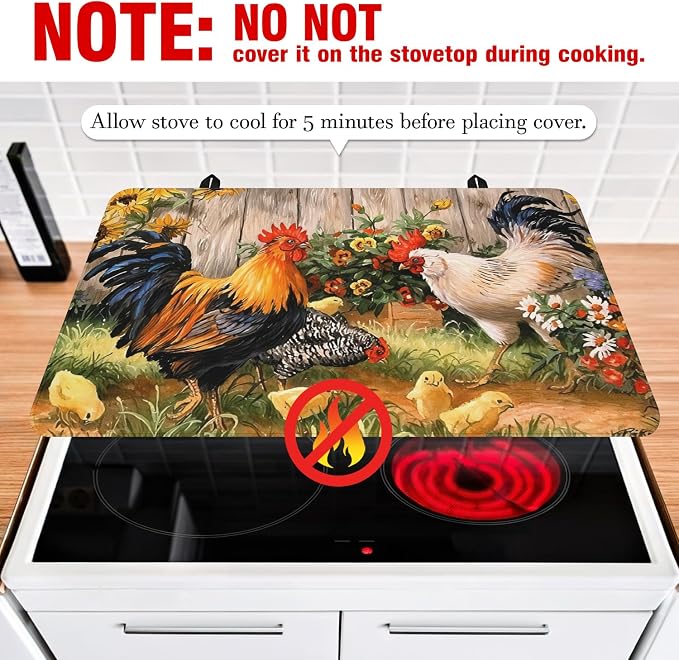 Rooster Stove Top Cover for Electric Stoves,Sumflowers Farmhouse Glass Stove Top Cover for Kitchen Decor,Heat Resistant Cooktop Protector Mat,Non-Slip Washable Dish Drying Mat 28"x20"