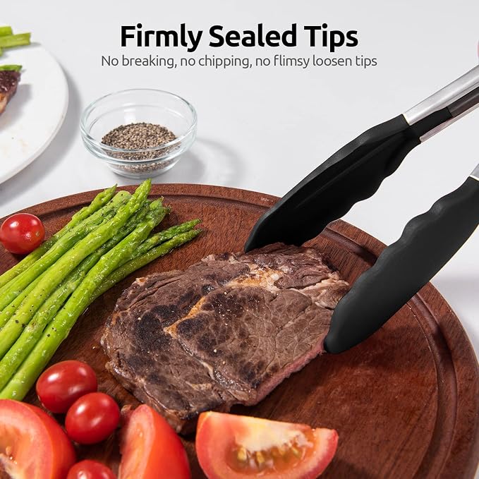 U-Taste Kitchen Tongs for Cooking, 600ºF Heat-Resistant Silicone, 2Pc/Black | Tong Utensils Set 9/12in, Salad/Grill/BBQ Plastic Tong for Food Serving, Rubber Tipped Tong with 18/8 Stainless Steel Handle