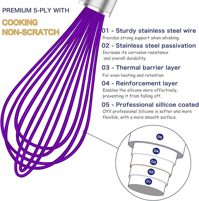OYV Purple Silicone Whisk Set of 3, 8/10/12 Inch, Non-Scratch | Nonstick-Safe, BPA-Free Silicone, Heat Resistant Up to 480°F, Stainless Steel Core, Dishwasher Safe, Easy to Clean