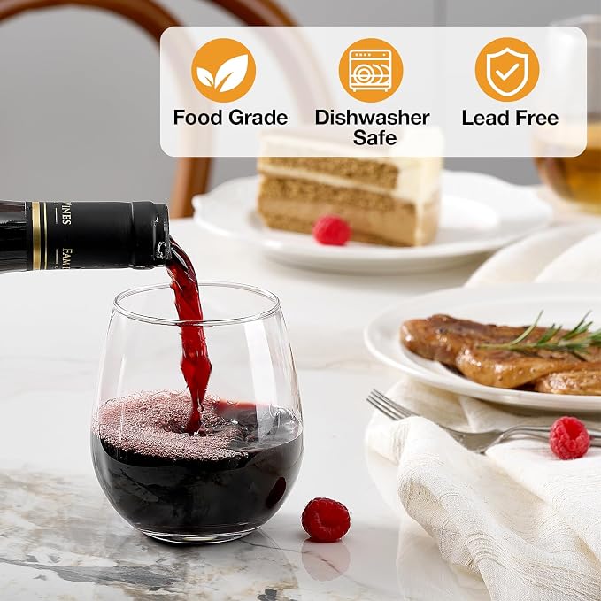Meolibour® Large Stemless Wine Glasses Set of 6, 17 Ounces Red & White Wine Glasses Tumbler for Party, Clear Drink Glasses, Ideal Wine Accessories Gift, Lead-free, Dishwasher Safe