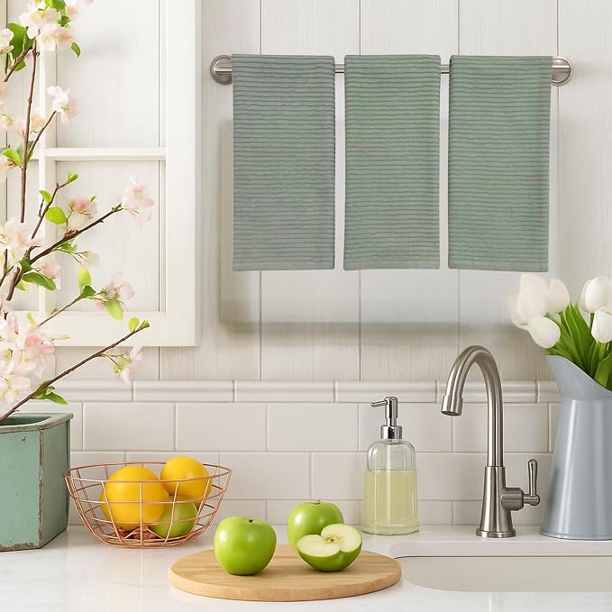 Sage Green Kitchen Hand Dish Towels, Set of 3, 100% Cotton, 18" x 28" | Terry Loop Ribbed Textured, Soft & Absorbent Cleaning Cloth, Quick Dry, Multipurpose for Everyday Use