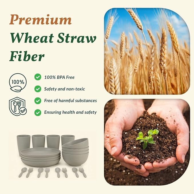 Wheat Straw Dinnerware Sets 20 PCS Unbreakable Plates and Bowls Sets Microwave Safe Camping Dish Set Kids Dinnerware Set, Kitchen, Apartment, Party, RV, Picnic, Dorm-Grey