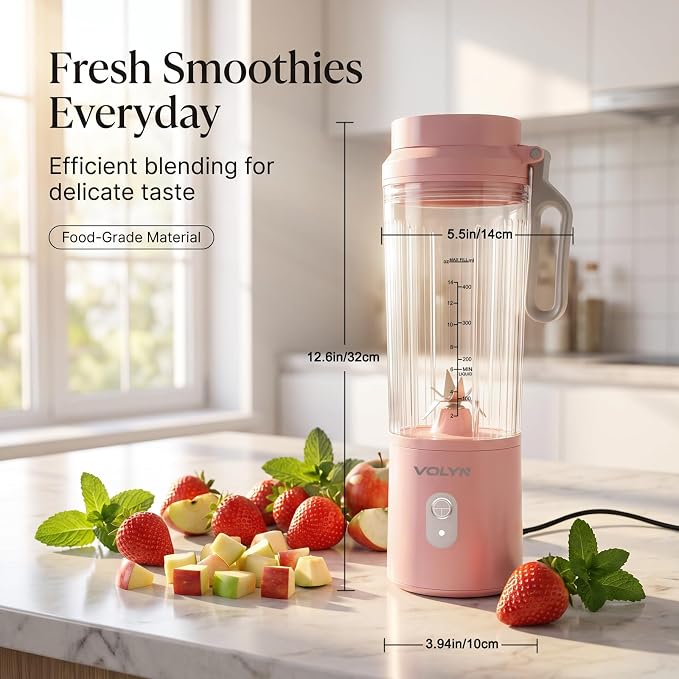 VOLYN Mini Electric Blender Smoothie Maker with Straw & Cleaning Brush | Mini Personal Blender for Fruit Drinks, Smoothies & Milkshakes, Compact Space-Saving Design for Kitchen and Office, Pink