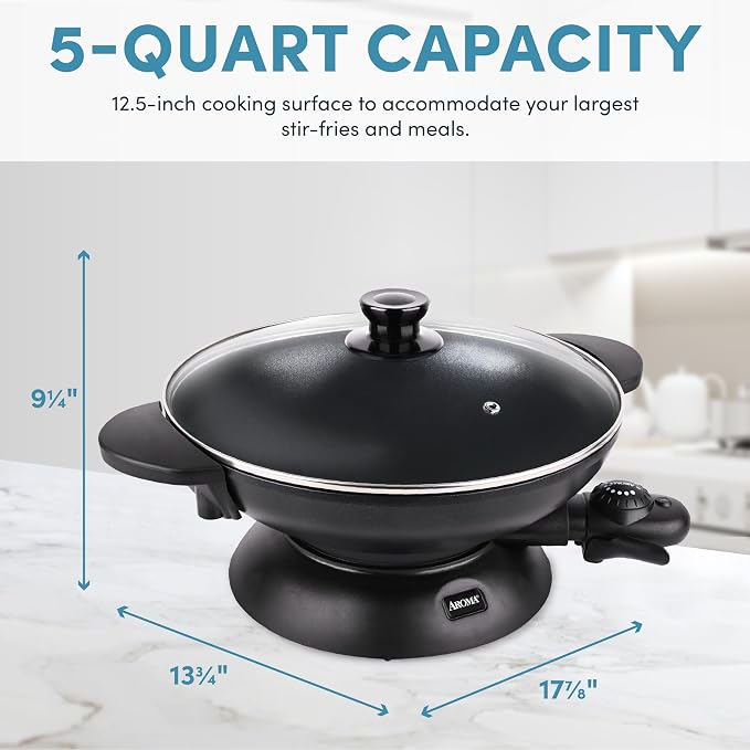 Aroma Housewares AEW-306 Electric Wok with Tempered Glass Lid Easy Clean Nonstick, Cooking Chopsticks, Tempura and Steaming Racks, Professional Model, Black