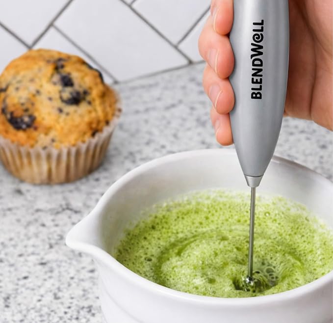BlendWell Electric Milk Frother for Matcha and Coffee, Handheld Battery Operated Drink Mixer with Stand, Stainless Steel Whisk, Silver