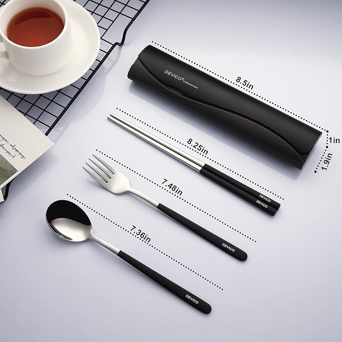 DEVICO Camping Utensils, Full-Size Reusable Silverware for Lunch Adult | 18/8 Stainless Steel Reusable Travel Cutlery Set,Korean Chopsticks Fork and Spoon Set for Lunch Box/Camping/Picnic/Dorm,Black