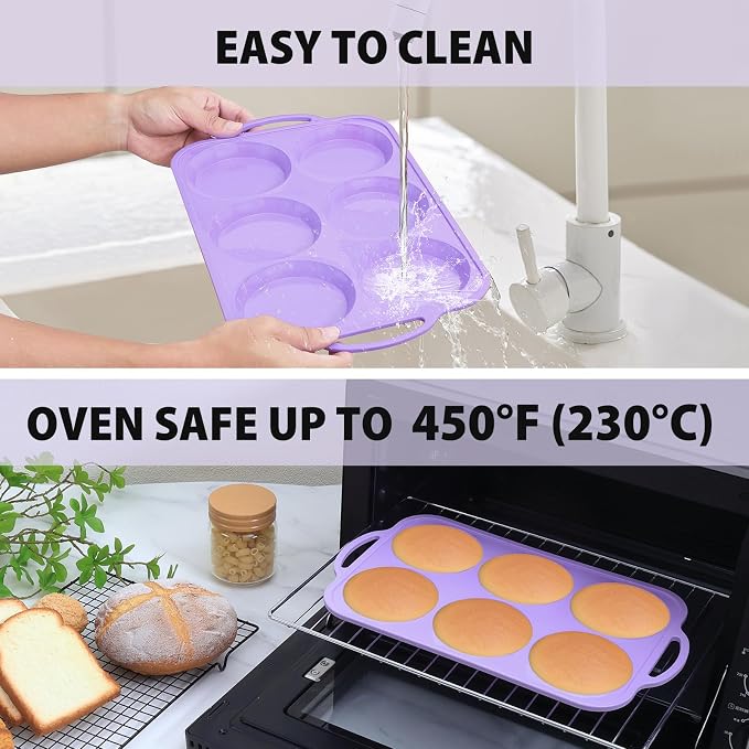 4 Inch Jumbo Silicone Muffin Top Pan with Frame Non Stick Egg Mold Baking | Silicone Egg Mold for Oven, Large Whoopie Pie Baking Pan with Handle for English Breakfast Sandwich Egg Bite Bun Tart Vnray