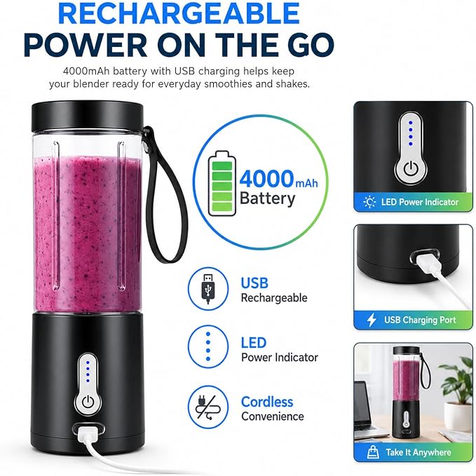 Portable Personal Blender, Cordless Juicer Cup, USB Rechargeable Ideal for Shakes & Smoothies,Ice Blending,Juicing, Mini Blender for Travel Sports Outgoing Office Gym
