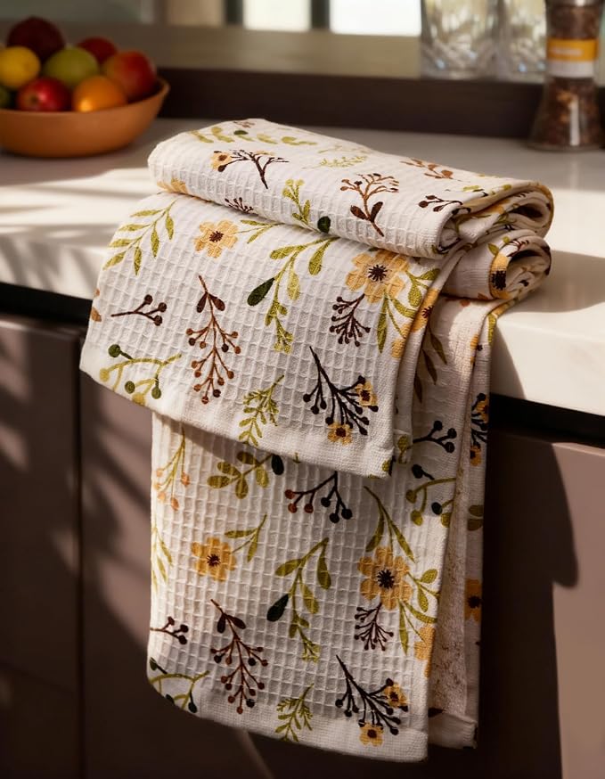 370GSM Cotton Waffle Kitchen Towels, Flower | Pure Cotton, Sustainable, Waffle Weave, Terry Cloth, Highly Absorbent, Decorative, 16"x25", with Hanging Loop