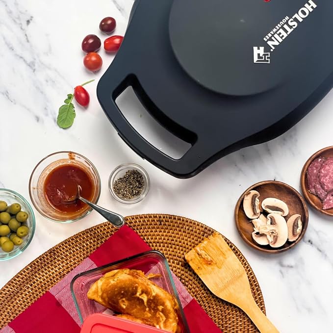 Holstein Housewares Stainless Steel 4 Section Omelet Maker, Non Stick Coating, Mess Free Cooking, Easy Cleaning, Indicator Lights, Upright Storage & Anti Slip Feet For Quick Meals. 4 Portions, Black