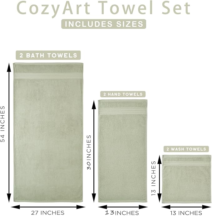COZYART Luxury Bath Towel Set 3 PCS, Sage Green 100% Turkish Cotton 650 GSM | OEKO-Tex 100 Certified Zero Twist Ring Spun, Soft Absorbent Quick Dry, Plush Fluffy, Breathable Hotel Quality for Daily Use