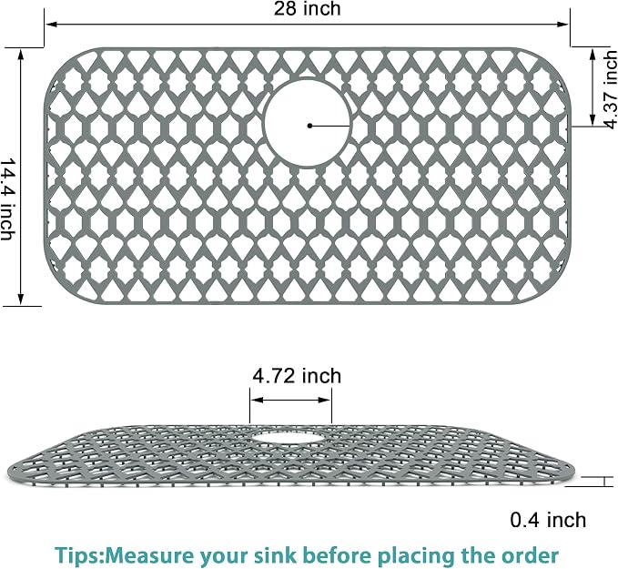 Silicone Kitchen Sink Protectors Mats - 12" 13" 14" 16" 18" 19" 21" 22" 24" 25" 26" 28" 30", Heat Resistant, Machine-wash (28”x14.4”, Rear Drain)