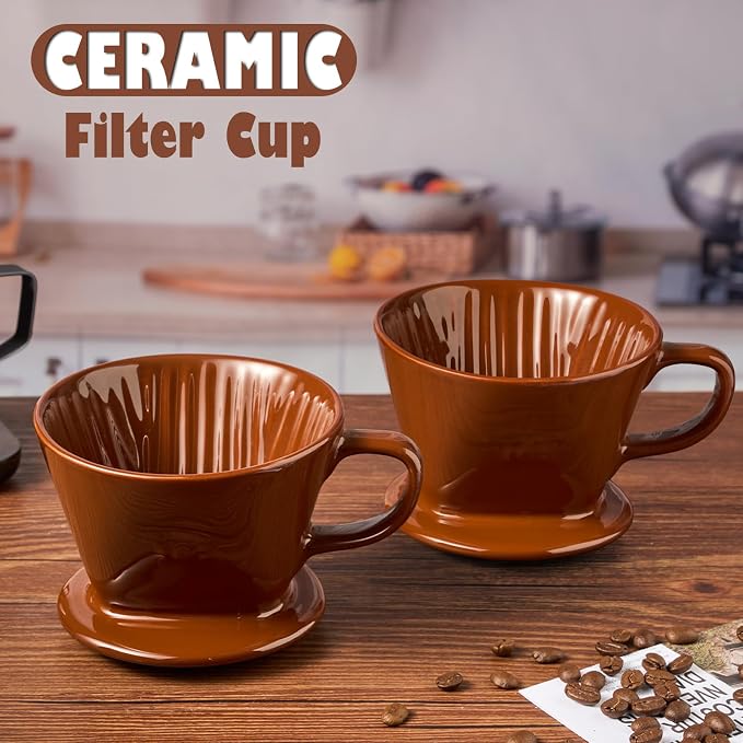 Pour Over Coffee Dripper, Ceramic Pour Over Coffee Maker, Brown | 3 Holes Flat Bottom, Easy Manual Brew Maker, Porcelain Slow Filter Cone for Travel, Camping, Office, Home