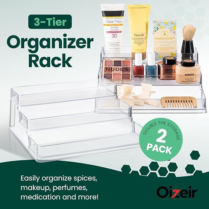 Oizeir Clear Acrylic 3-Tier Spice Rack, Cabinet Pantry Organizer | Clear Acrylic Spice Rack Organizer, 3 Tiers, Deep Shelf, for Cabinet Pantry Countertop, Seasoning Condiment Storage