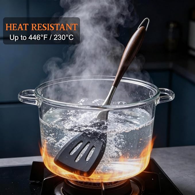Silicone Cooking Utensil Set 7-Piece, Heat Resistant Kitchen Utensils Set Non-Stick with Wood Grain Handle, BPA-Free Spatula Set Dishwasher Safe (Space Gray)