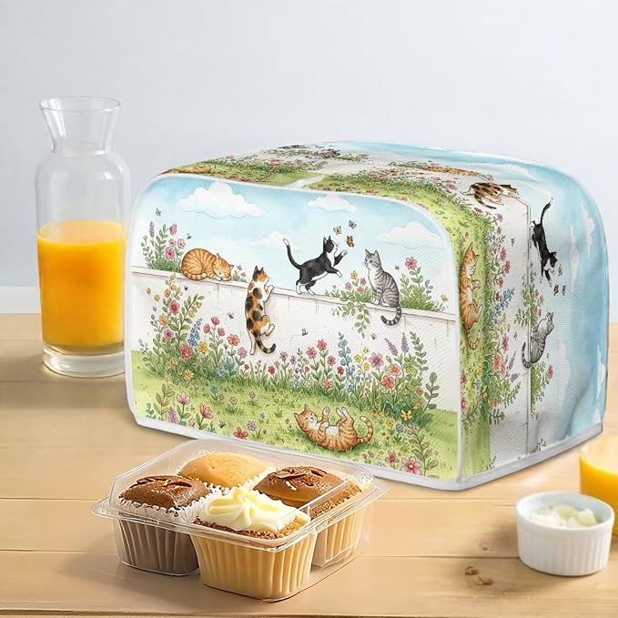Cat Flower Print Bread Machine Cover 2 Slice Wide Slot Toaster Oven Dust Covers Anti Fingerprint Protective Cover for Kitchen