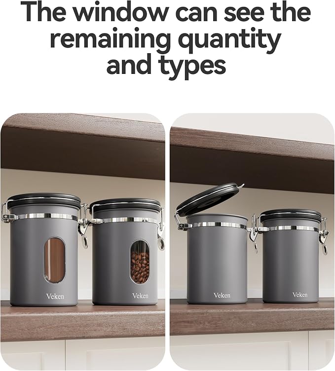 Veken Coffee Canister with Window, Airtight Stainless Steel Container,Date Tracker, Kitchen Food Storage Jars for Beans, Ground, Espresso, Rice,Tea, Sugar, Cereal, Gifts, Scoop, Grey, 22OZ (Pack of 2)