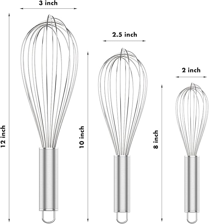 OYV 304 Stainless Steel Whisk Set, Dishwasher Safe Rustproof Metal Whisk, Professional Balloon Wire Whisks for Kitchen Cooking, Perfect For Blending, Whisking, Baking, Beating, 3 Packs (8" 10" 12")