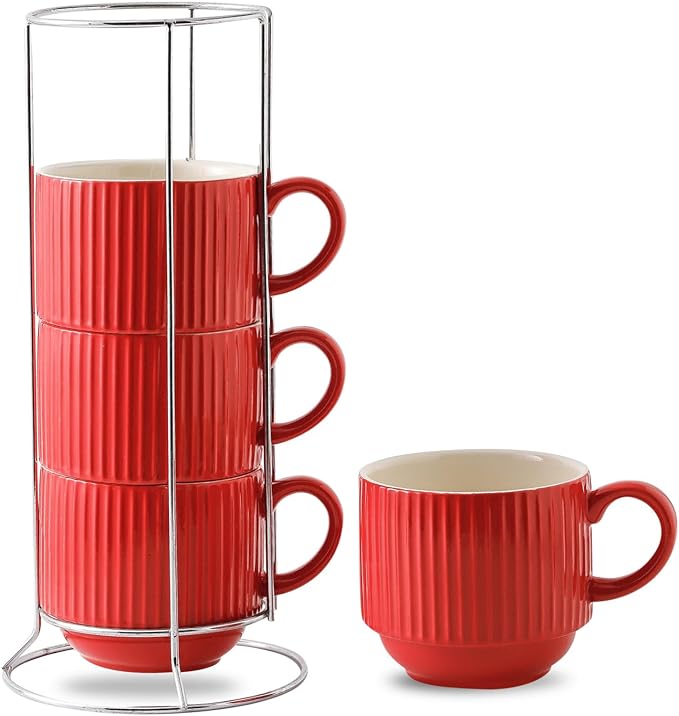 HASENSE Red Coffee Mugs, 15 oz Stackable Coffee Cups Set of 4 with Rack - Ceramic Large Ribbed Modern Latte Cup Set for Cappuccino, Tea, Hot Cocoa, Drinks - Dishwasher & Microwave Safe