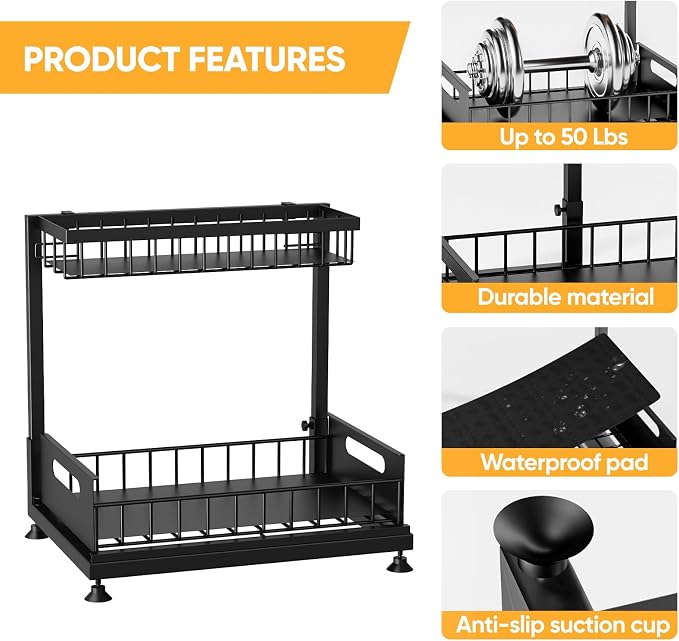 L-Shaped Under Sink Organizer, 2-Tier Pull-out Cabinet Rack 1-Pack | Black Height-Adjustable Steel Rack, Sliding Grid Drawers with PP Liners, Holds 100 Lbs, Suction Base, Ideal Kitchen Storage